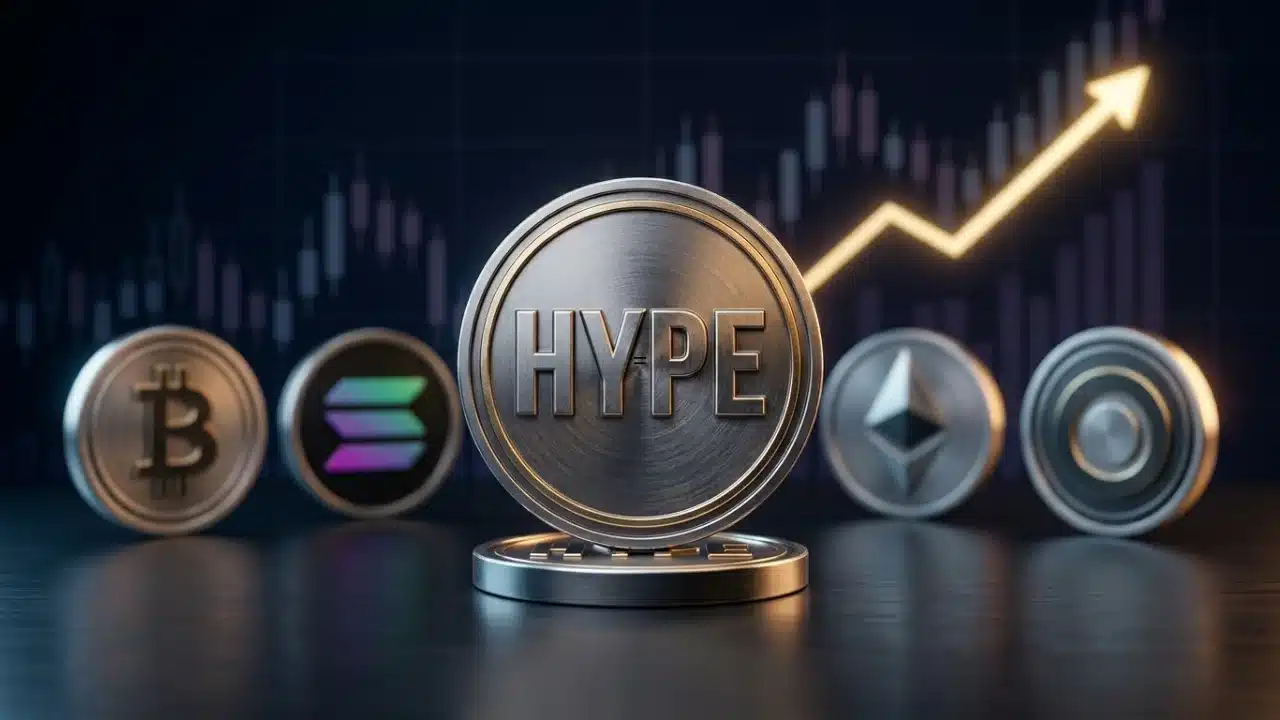Representação artística e tecnológica de uma rede blockchain em tons de azul profundo e neon. No centro, o logotipo da Hyperliquid (HYPE) brilha intensamente, cercado por conexões neurais e fluxos de dados que simbolizam liquidez e velocidade. Elementos flutuantes ao redor mostram ícones estilizados de Bitcoin, Solana e Ethereum.