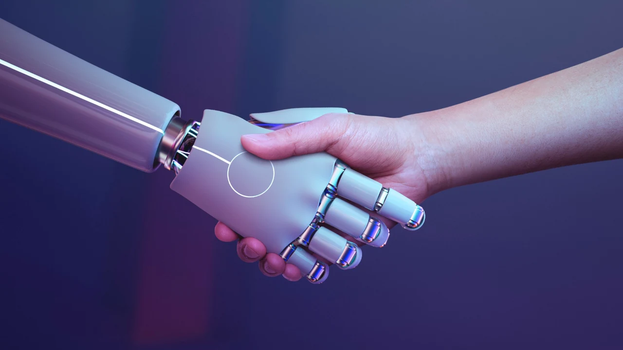 Mão humana aperta mão de inteligência artificial