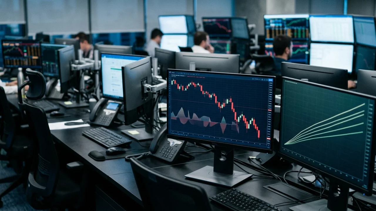 Vista lateral de uma fileira de estações de trabalho em um escritório de investimentos. O monitor em primeiro plano exibe um gráfico de barras descendentes em tons de vermelho e azul, indicando queda. Outro monitor ao lado mostra linhas de projeção ascendentes. Ao fundo, vários outros profissionais operam em frente a múltiplos ecrãs com mapas de calor e dados do mercado financeiro.