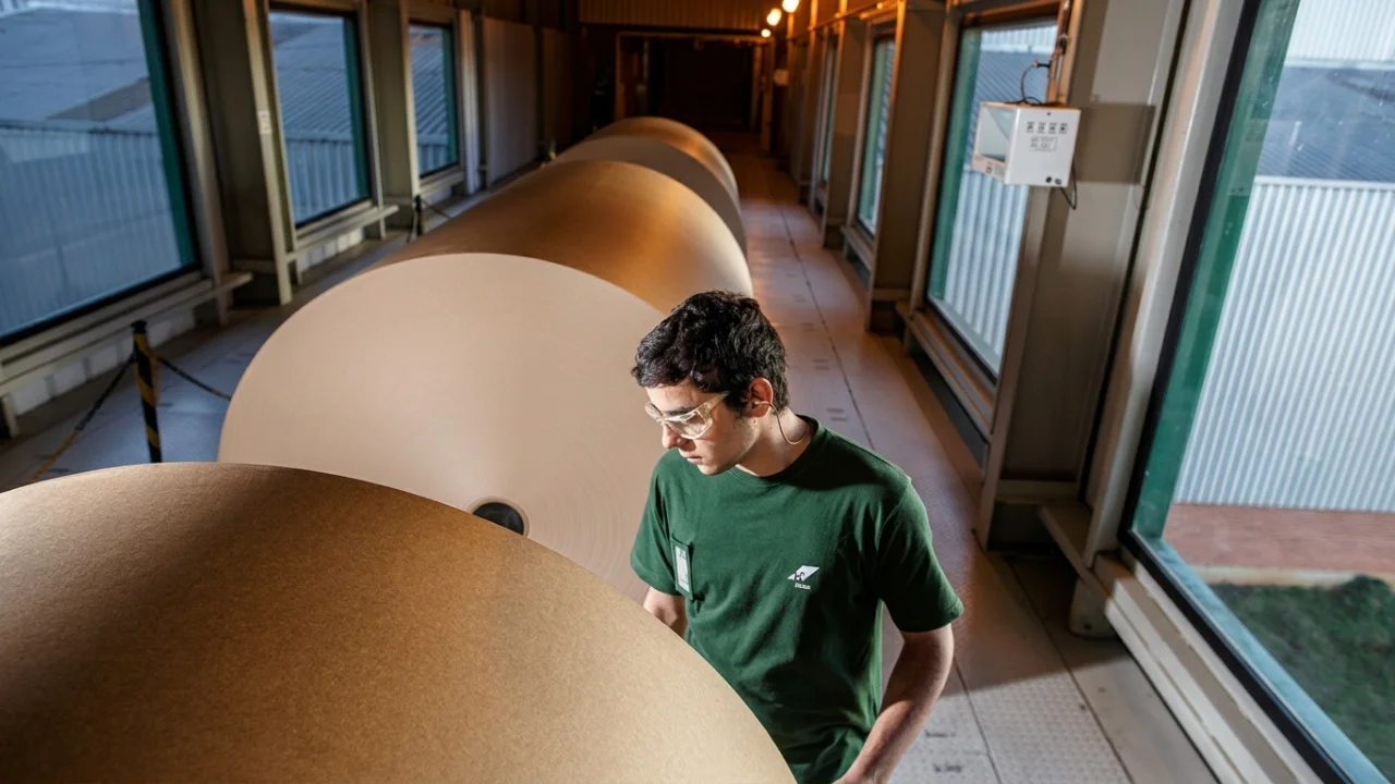 Operário com óculos de proteção e camiseta verde da Klabin inspeciona grandes bobinas de papel pardo em uma passarela industrial. A linha de produção se estende ao fundo com janelas laterais que mostram o pátio da fábrica.