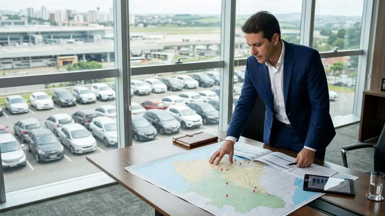 Homem em traje social analisando um grande mapa do Brasil sobre uma mesa de madeira em um escritório com vista panorâmica. Através da janela, vê-se um pátio com dezenas de carros brancos estacionados e um aeroporto ao fundo. Sobre a mesa, há um tablet com gráficos e um caderno de anotações.
