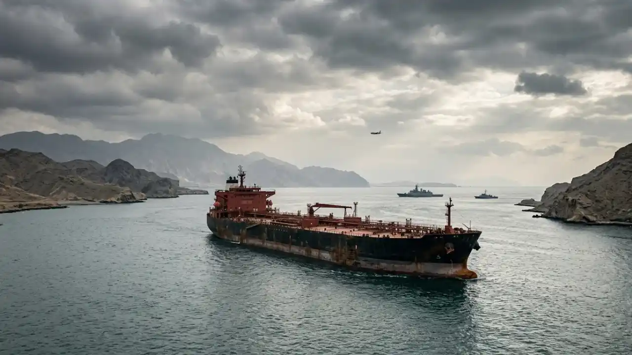 Vista de um grande petroleiro vermelho e preto navegando por um canal estreito cercado por montanhas áridas e rochosas sob um céu nublado. Ao fundo, dois navios de guerra patrulham as águas e um avião militar voa baixo. A cena representa o Estreito de Ormuz sob vigilância, simbolizando o risco geopolítico no Oriente Médio.
