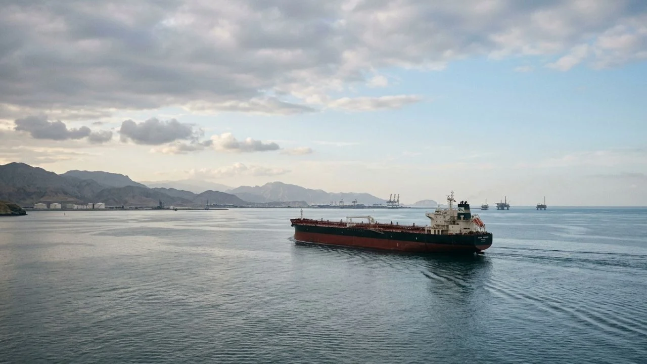 Navio petroleiro de grande porte, com casco preto e detalhes em vermelho, navegando em águas calmas de um golfo. Ao fundo, avista-se uma linha de costa com montanhas áridas e algumas plataformas de extração de petróleo no horizonte sob um céu nublado com tons suaves de azul e amarelo.