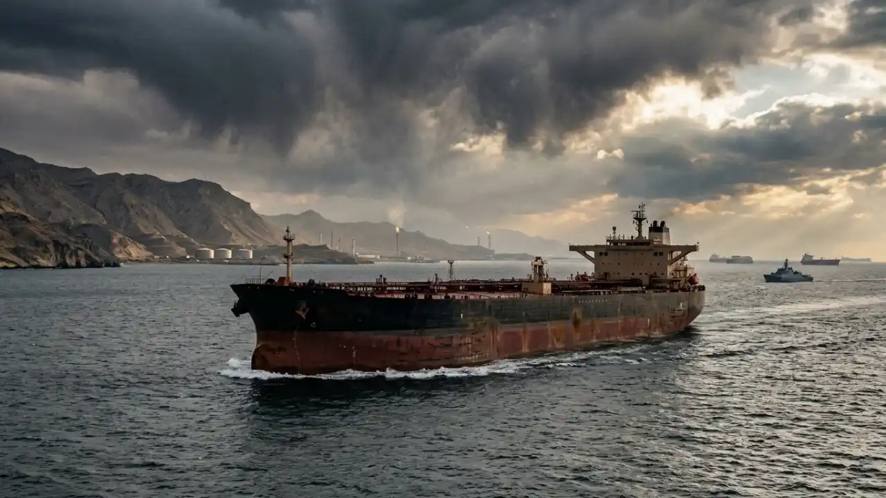 Navio petroleiro de grande porte com casco vermelho e preto navegando em mar aberto. Ao fundo, uma costa montanhosa e árida sob um céu azul profundo com nuvens dramáticas. À direita, uma pequena embarcação de escolta monitora o trajeto.
