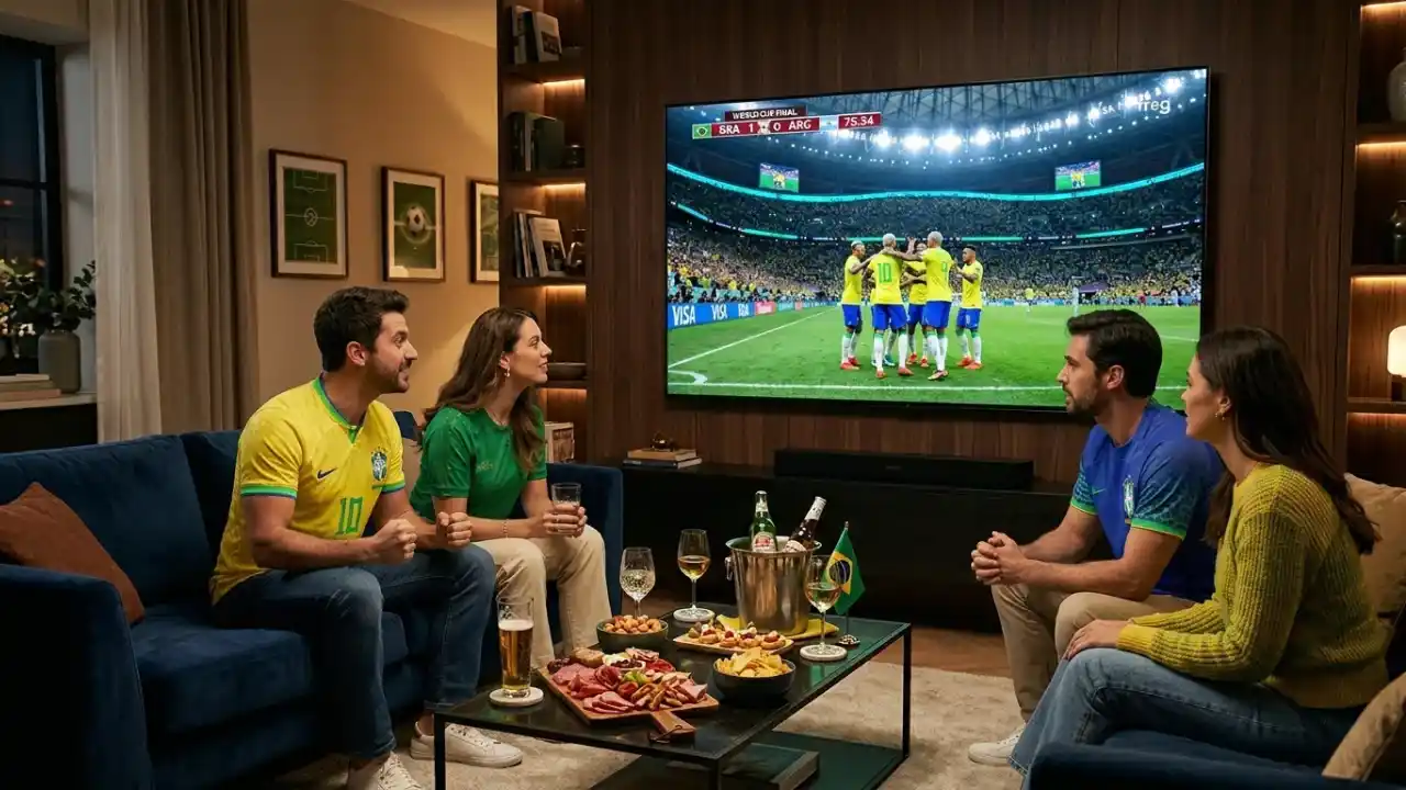 Quatro amigos — dois homens e duas mulheres vestindo camisas da seleção brasileira — sentados em sofás de veludo azul em uma sala de estar luxuosa. Eles assistem a um jogo do Brasil em uma televisão de altíssima definição que ocupa quase toda a parede de madeira. Sobre a mesa de centro preta, há tábuas de frios, petiscos e bebidas em balde de gelo. A iluminação é quente e indireta em prateleiras ao fundo.