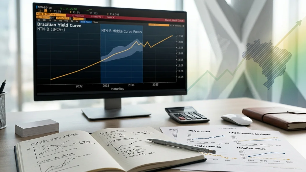Mesa de escritório com um monitor exibindo a "Brazilian Yield Curve" (Curva de Juros Brasileira) focada em NTN-Bs (IPCA+) com destaque para o período de maturação entre 2032 e 2035. Sobre a mesa, um caderno aberto detalha anotações manuais sobre "Proteção contra Inflação", "Curva de Juros" e "Risco Fiscal". Há também relatórios técnicos sobre "IPCA Accrual" e "NTN-B Duration Strategies" com gráficos de linha e barras, além de uma calculadora e um mouse. Ao fundo, uma marca d'água do mapa do Brasil com uma seta ascendente sugere crescimento ou alta de taxas.