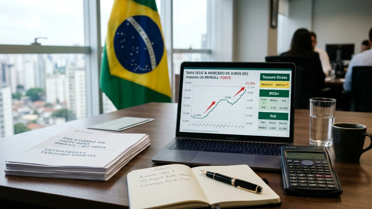 Notebook aberto em uma mesa de escritório exibindo um gráfico ascendente intitulado "TAXA SELIC & MERCADO DE JUROS (DI) impacto US PAYROLL: FORTE". Ao lado do computador, há um relatório impresso "Relatório de Mercado Brasil - Q2 2026", um bloco de notas com a frase "Aumento Selic" escrita, uma calculadora financeira e uma caneta. Uma pequena bandeira do Brasil está posicionada à esquerda e a janela ao fundo revela prédios corporativos de São Paulo sob um céu nublado.