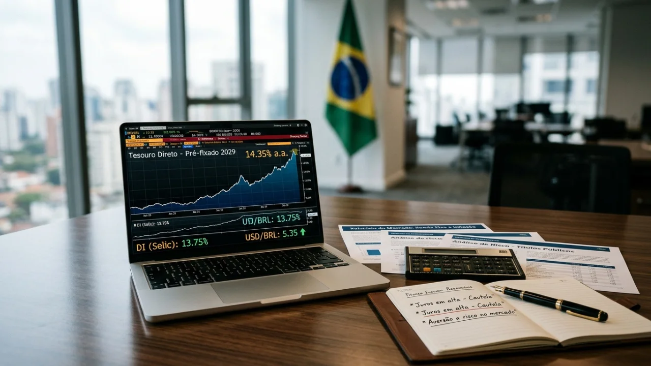 Notebook aberto em uma mesa de escritório de madeira, exibindo um gráfico de linha ascendente com o título "Tesouro Direto - Pré-fixado 2029" e a taxa de "14,35% a.a.". Na tela, também constam indicadores como "DI (Selic): 13,75%" e "USD/BRL: 5,35". Sobre a mesa, há uma calculadora financeira preta, um caderno aberto com anotações à mão sobre "Juros em alta - Cautela" e relatórios impressos de análise de risco. Ao fundo, uma janela com vista urbana e a bandeira do Brasil.