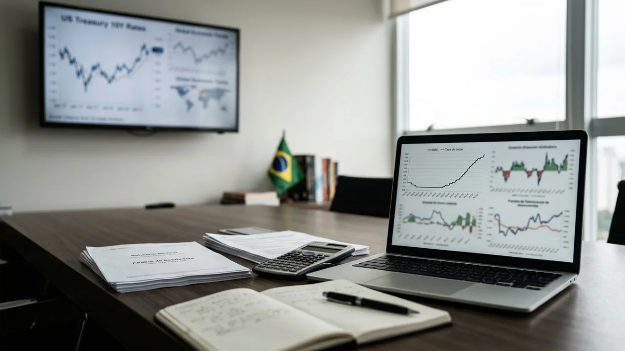 Mesa de escritório em madeira escura com um notebook aberto exibindo quatro gráficos técnicos de análise financeira. À esquerda, uma pilha de relatórios intitulados "Relatório Mensal: Análise de Renda Fixa". Ao centro, uma calculadora financeira e um caderno de anotações aberto com uma caneta. Ao fundo, uma televisão de tela plana fixada na parede exibe gráficos das "US Treasury 10Y Rates" (Treasuries de 10 anos) e um mapa-múndi de fluxos econômicos. Uma pequena bandeira do Brasil está posicionada discretamente ao fundo, próxima à janela.