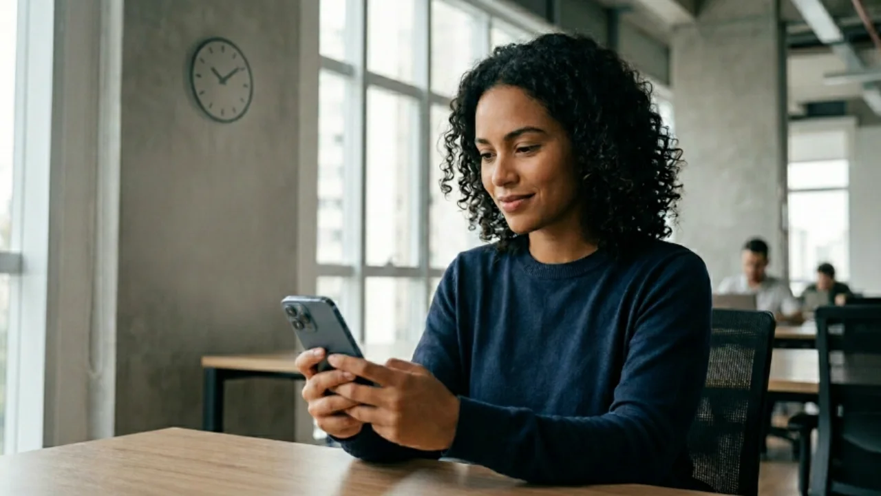 Pessoa segura um smartphone que exibe um aplicativo de investimentos com gráficos de rendimento. À esquerda, uma pequena bandeira do Brasil em um mastro de mesa. Pela janela ao fundo, avista-se a Esplanada dos Ministérios e o Congresso Nacional em Brasília sob um céu azul claro. Sobre a mesa de madeira, há um par de óculos de grau e um tablet.