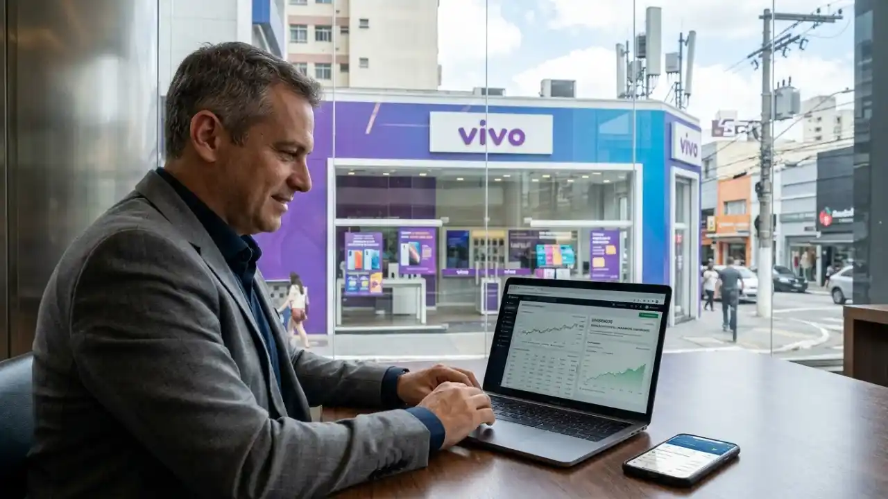Homem de terno cinza sorridente trabalhando em um notebook em uma cafeteria ou escritório com parede de vidro. Através do vidro, vê-se uma loja da Vivo com fachada roxa e o logotipo branco em uma rua movimentada da cidade. A tela do notebook exibe gráficos financeiros e tabelas de dividendos. Ao lado do computador, um smartphone mostra um aplicativo de investimentos.