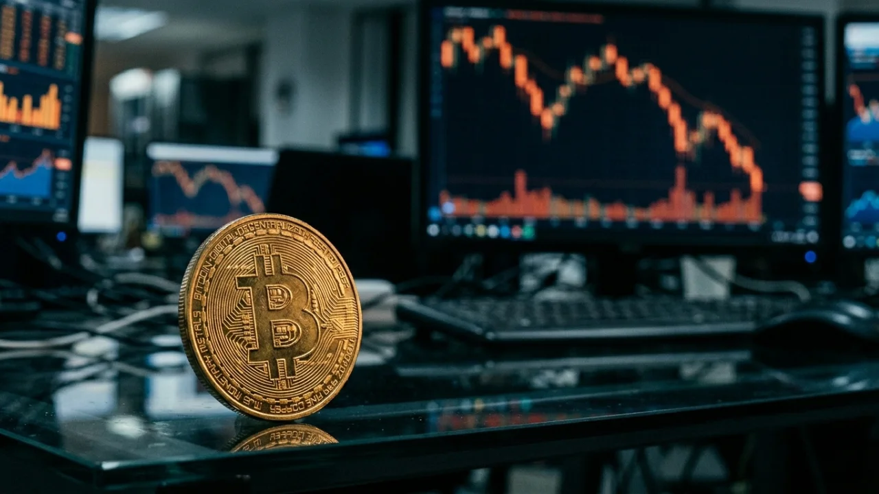 Fotografia em plano médio de uma moeda física dourada do Bitcoin posicionada em pé sobre uma mesa de vidro preta e altamente refletiva. Ao fundo, ligeiramente desfocados, encontram-se múltiplos monitores de computador exibindo gráficos de análise técnica. O monitor principal exibe um gráfico de velas (candlesticks) em tons de laranja e vermelho desenhando uma forte tendência de queda e correção de preços. Um teclado preto e um mouse aparecem discretamente sobre a bancada de trabalho em um ambiente de escritório escurecido.