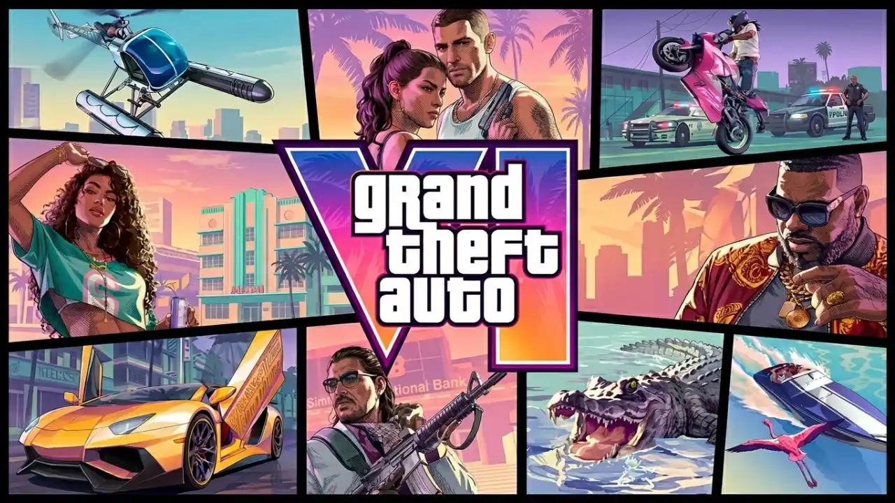 Mosaico artístico em estilo quadrinho com a capa oficial do jogo Grand Theft Auto VI. No centro, destaca-se o logotipo estilizado "Grand Theft Auto" sobreposto a um grande algarismo romano "VI" em degradê de roxo, rosa e laranja. Ao redor do logo, vários painéis exibem cenas e personagens: no topo, um hidroavião azul, o casal de protagonistas abraçado (um homem e uma mulher armada) e um motociclista empinando uma moto rosa fugindo da polícia. Nas laterais e base, há uma mulher de óculos escuros em frente a um prédio Art Déco, um homem de cordão de ouro, um carro superesportivo amarelo com portas abertas, um homem de óculos segurando um fuzil em frente a um banco, um jacaré na água e um flamingo voando perto de uma lancha.