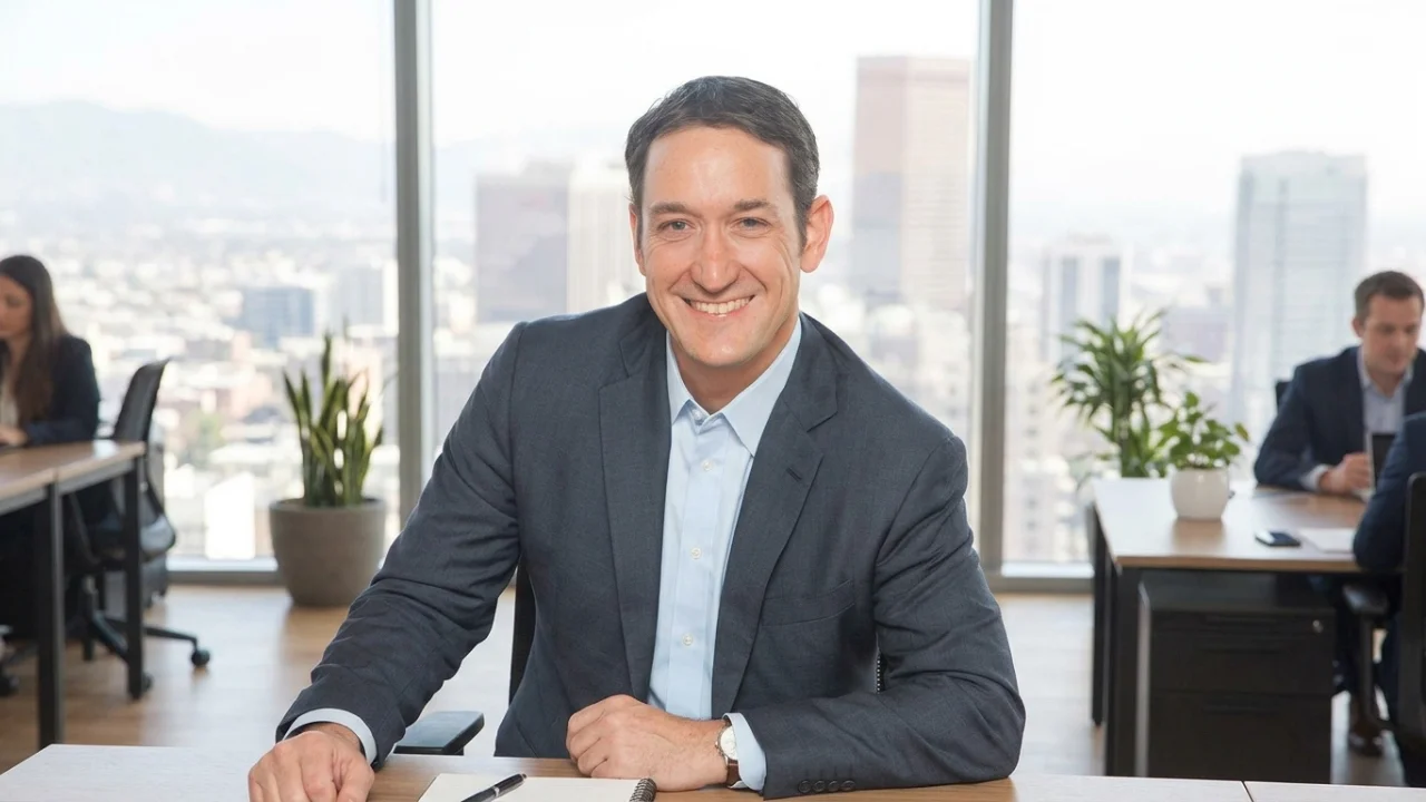 Fotografia em plano médio de Jeffrey Hawkins, executivo da Bain Capital, sorrindo diretamente para a câmera e sentado atrás de uma mesa de trabalho de madeira clara em um escritório corporativo moderno. Ele usa um paletó cinza escuro sobre uma camisa social azul clara de gola aberta. Sobre a mesa, há um bloco de notas e uma caneta sob suas mãos. Ao fundo, imensas janelas de vidro do teto ao chão exibem a paisagem urbana de uma metrópole com edifícios altos e montanhas ao longe sob luz natural, além de outros profissionais trabalhando fora de foco em suas bancadas de trabalho.