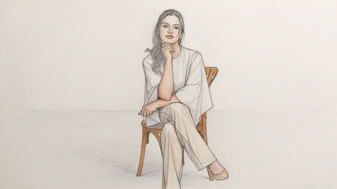 Ilustração artística em estilo desenho a lápis com tons pastéis suaves de Juliet, fundadora da Classe Capytal. Ela é uma mulher de cabelos escuros presos, vestindo uma blusa branca de mangas amplas e calça bege. Está sentada em uma cadeira de madeira clássica, com as pernas cruzadas e a mão direita apoiada sob o queixo em uma postura reflexiva e elegante, contra um fundo branco minimalista