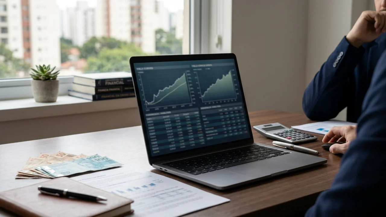 Fotografia em plano médio de uma mesa de escritório em madeira escura onde um analista estuda dados financeiros. No centro, um notebook aberto exibe dois gráficos de linhas ascendentes em tons esverdeados sobre um painel escuro. À esquerda do laptop, cédulas de Real (notas de R$ 100 e R$ 50) estão dispostas em leque sobre a mesa, ao lado de um caderno de couro com uma caneta e um relatório impresso com dados estatísticos. À direita, a mão de um homem vestindo paletó azul escuro opera um mouse ao lado de uma calculadora de mesa cinza. Ao fundo, uma janela aberta exibe a vista desfocada de uma grande cidade sob luz natural.