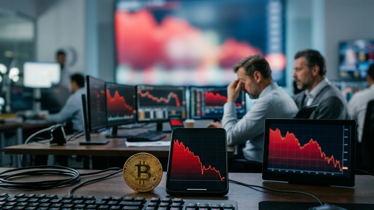 Em primeiro plano sobre uma mesa de escritório escura, uma moeda física dourada do Bitcoin (BTC) está posicionada ao lado de um smartphone e de um pequeno monitor digital, ambos exibindo gráficos de linhas vermelhas em acentuada queda vertical. Na parte inferior esquerda, vê-se a borda de um teclado preto. Ao fundo, em um ambiente de trading levemente desfocado, um analista financeiro de camisa social cinza aparece esfregando os olhos em sinal de exaustão e estresse, enquanto grandes painéis de monitoramento exibem telas tomadas por gráficos financeiros inteiramente vermelhos e descendentes.