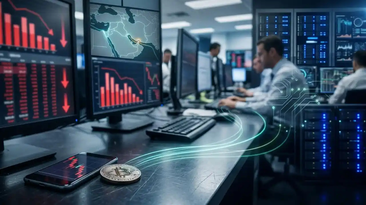 Vista lateral em ângulo médio de uma mesa de operações financeiras escura. Em primeiro plano à esquerda, um smartphone exibe um gráfico de velas (candlesticks) descendente em vermelho, posicionado ao lado de uma moeda física prateada e dourada de Bitcoin. Linhas de luz verde digital e circuitos brilhantes emanam da moeda em direção a uma torre de servidores com luzes LED azuis posicionada à direita. Ao fundo, múltiplos monitores de computador exibem gráficos de barras vermelhas com setas de queda e um mapa focado na região do Oriente Médio (área do Estreito de Ormuz) com demarcações geográficas iluminadas. No plano médio e fundo, analistas de mercado trabalham concentrados diante de suas telas em um ambiente de escritório corporativo.