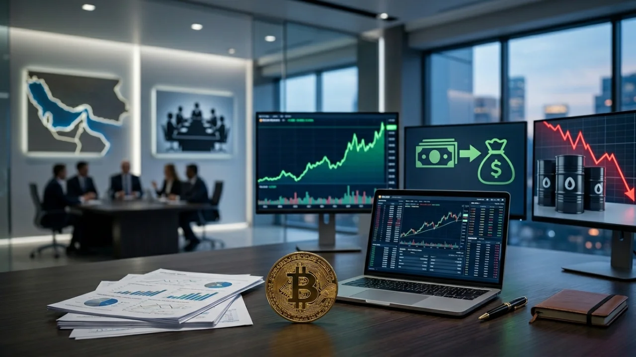Fotografia em plano aberto de uma mesa de escritório corporativo de investimentos. Em primeiro plano sobre a mesa de madeira, uma moeda física dourada do Bitcoin está em pé ao lado de um notebook aberto exibindo gráficos financeiros. À esquerda da moeda, há uma pilha de relatórios impressos com gráficos de pizza e, à direita, uma caneta preta e uma caderneta marrom. Ao fundo, três grandes monitores exibem dados: o da esquerda mostra um gráfico de linha verde em forte alta; o do centro exibe um ícone verde de cédulas de dinheiro com uma seta apontando para um saco de dinheiro com cifrão; o da direita mostra um gráfico de linha vermelha em queda ao lado de três barris de petróleo pretos. Na parede cinza ao fundo, dois painéis iluminados exibem o mapa do Estreito de Ormuz no Oriente Médio e a silhueta de uma reunião executiva. Mais ao fundo, através de uma divisória de vidro, pessoas aparecem desfocadas em uma sala de reuniões.