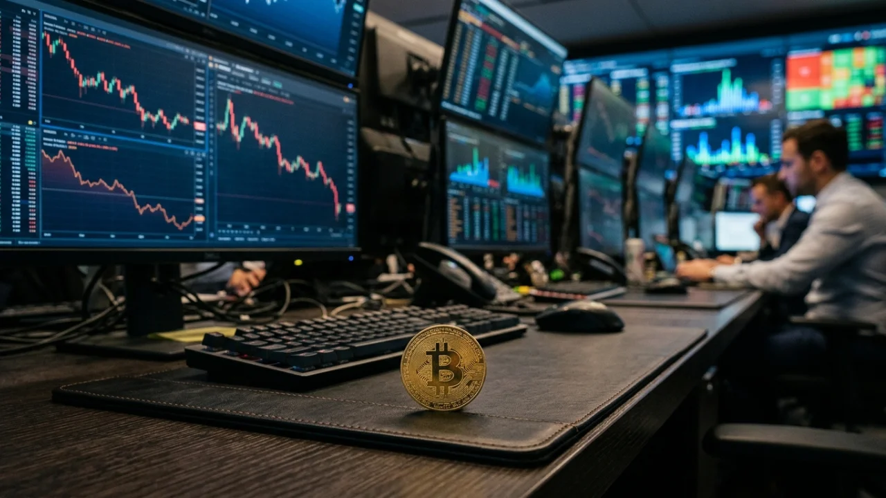 Moeda de bitcoin ao lado de gráficos de mercado em sessão volátil, com referência à saída de ETFs e compra corporativa de BTC