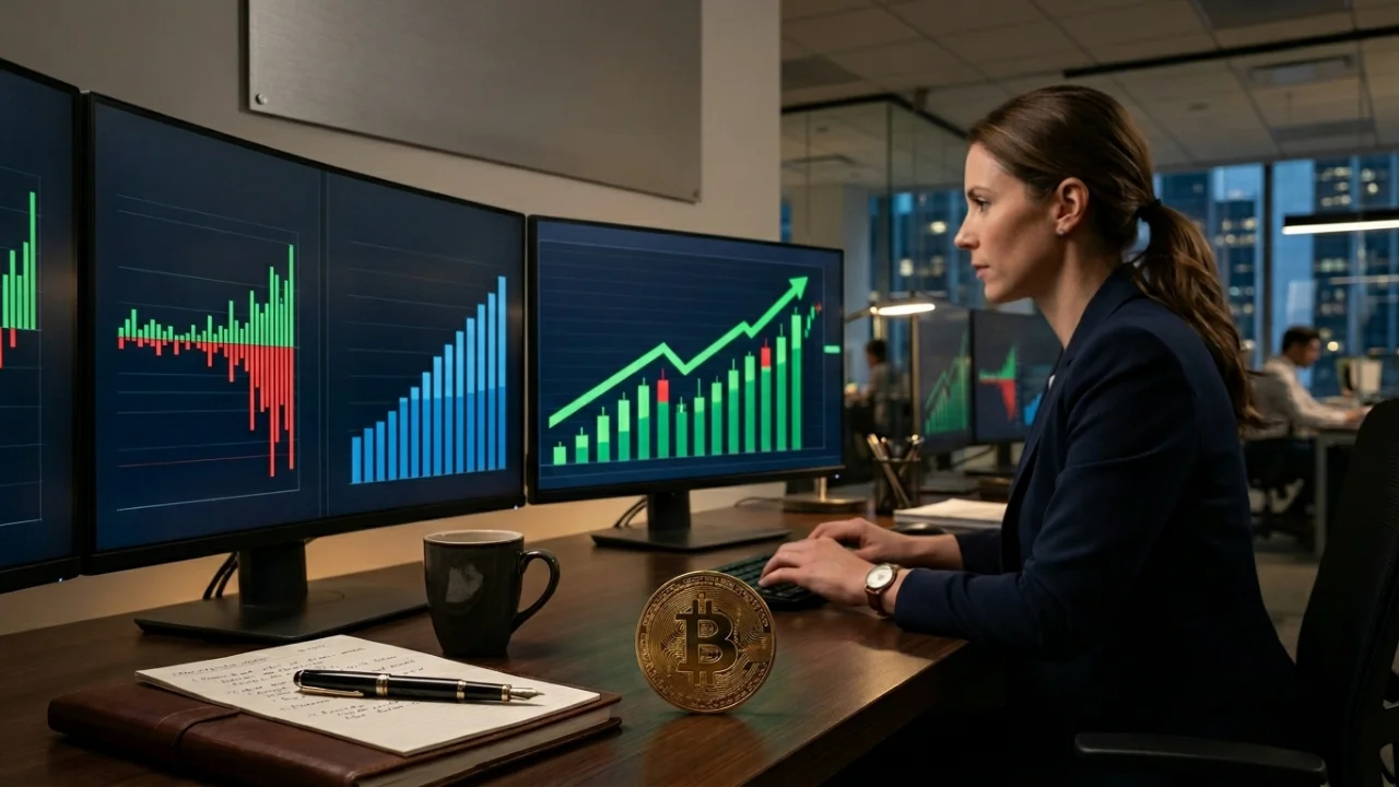 Fotografia em plano médio de perfil de uma analista financeira focada, digitando em um teclado de computador em sua mesa de escritório corporativo à noite. Diante dela, há três grandes monitores curvos acesos exibindo gráficos de análise técnica: o da esquerda mostra barras volumétricas vermelhas e verdes, o do meio exibe barras azuis crescentes e o da direita apresenta um gráfico de velas (candlesticks) com uma grande seta verde brilhante apontando para cima e para a direita. Sobre a mesa de madeira escura, destacam-se uma moeda física dourada com o símbolo do Bitcoin em relevo parada verticalmente, uma caneca de café preta e um caderno de couro aberto com uma caneta tinteiro em cima.