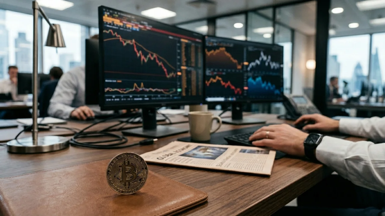 Fotografia em plano médio de uma mesa de operações financeira em um escritório corporativo moderno. Em primeiro plano, uma moeda física de Bitcoin está apoiada sobre uma pasta de couro marrom, ao lado de um jornal econômico aberto. Ao fundo, os braços de um operador com relógio digital aparecem digitando no teclado, focado em duas grandes telas de computador que exibem gráficos financeiros de velas (candlesticks) com linhas vermelhas em forte tendência de queda.