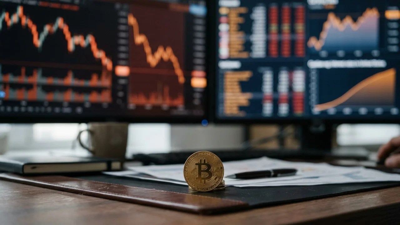 Fotografia em plano detalhado focando uma moeda física dourada de Bitcoin apoiada sobre uma bancada de madeira com um mousepad de couro marrom. Ao lado da moeda, há folhas com relatórios financeiros e uma caneta preta. Ao fundo, fora de foco, duas grandes telas de computador exibem gráficos de análise técnica em tons escuros com linhas e barras vermelhas e laranjas mostrando uma acentuada tendência de queda. A mão esquerda de um operador aparece sutilmente à direita tocando o mouse.