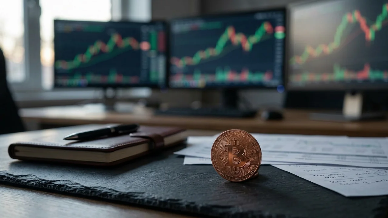 Fotografia em plano detalhe com profundidade de campo reduzida (efeito bokeh). Em primeiro plano e centralizada, uma moeda física metálica de Bitcoin na cor bronze encontra-se em pé sobre uma base texturizada de ardósia cinza-escura. À esquerda da moeda, há uma agenda de couro marrom fechada com uma caneta tática preta repousada sobre ela; à direita, folhas de relatórios com dados financeiros impressos de forma sutil. Ao fundo, em segundo plano desfocado, destaca-se um arranjo profissional de três monitores widescreen configurados em semicírculo, exibindo gráficos de análise técnica com linhas de tendência e barras verticais nas cores verde e vermelha.