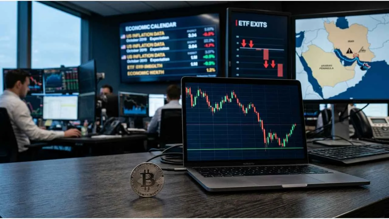 Fotografia em plano médio de uma mesa de trading de criptoativos com foco em primeiro plano. Sobre a mesa de madeira escura, há uma moeda física prateada com o símbolo do Bitcoin em pé e um notebook aberto exibindo um gráfico de candlesticks com forte queda e uma leve recuperação verde na ponta final, sustentada sobre uma linha horizontal verde de suporte. Ao fundo, em um ambiente de escritório com iluminação fria e operadores desfocados, três grandes monitores exibem dados: o da esquerda mostra um painel intitulado "ECONOMIC CALENDAR" com menções a "US INFLATION DATA"; o monitor central exibe um gráfico de barras vermelhas descendentes intitulado "ETF EXITS"; e o monitor da direita apresenta um mapa geográfico do Oriente Médio, destacando a região do Golfo Pérsico e do Estreito de Ormuz com um ícone de alerta.