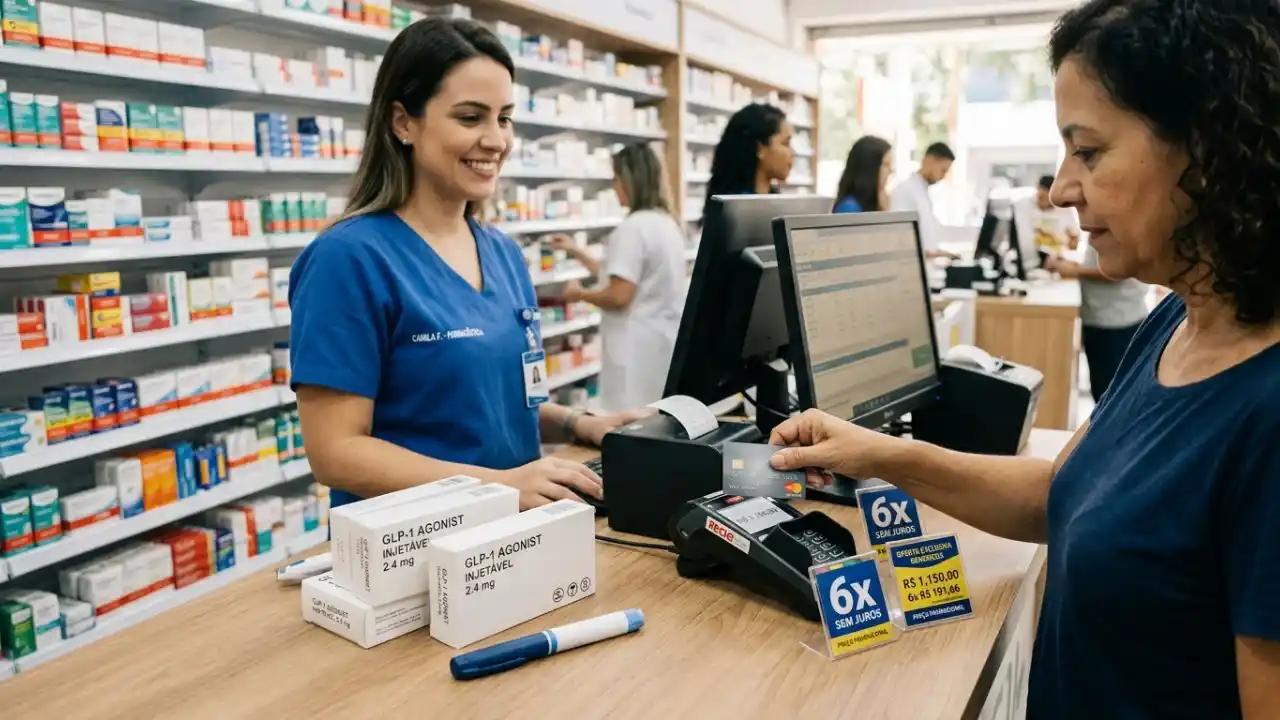Fotografia em plano médio do balcão de atendimento de uma farmácia iluminada. À esquerda, uma farmacêutica jovem de cabelos escuros veste um uniforme scrub azul-escuro com o crachá "CAMILA F. - Farmacêutica" e sorri enquanto atende uma cliente. À direita, a cliente estende a mão entregando um cartão de crédito cinza sobre a máquina de cartões. Em cima do balcão de madeira clara, destacam-se duas caixas brancas do medicamento identificadas como "GLP-1 AGONIST INJETÁVEL 2.4 mg", acompanhadas por uma caneta aplicadora azul e branca em primeiro plano. Logo ao lado, dois displays acrílicos azuis trazem em destaque o texto "6x SEM JUROS" com valores promocionais de parcelamento. Ao fundo, prateleiras organizadas exibem diversos produtos de saúde e cosméticos.