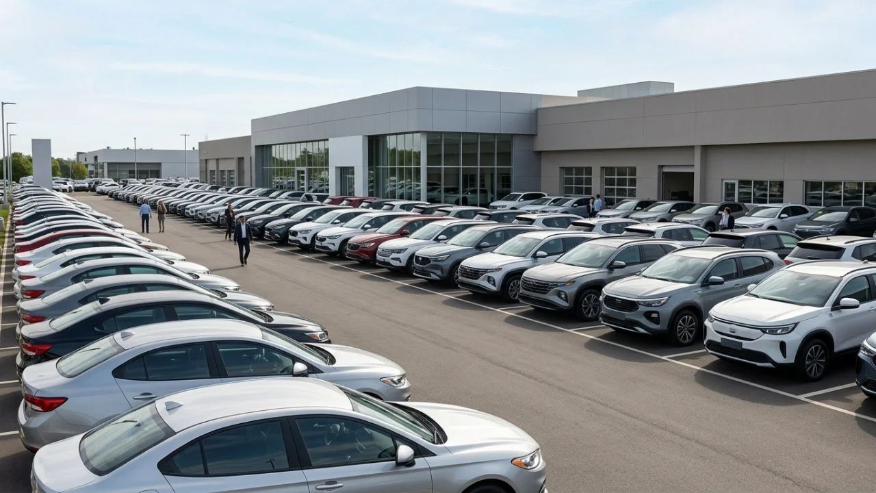 Vista em perspectiva diagonal de um amplo pátio externo pavimentado de uma concessionária automotiva moderna, repleto de fileiras organizadas de carros novos de diversas marcas e modelos. Em primeiro plano e alinhados à esquerda, destacam-se sedans nas cores prata e cinza. À direita, estendem-se longas linhas de utilitários esportivos (SUVs) e crossovers, predominantemente nas cores branca, chumbo e preta. Ao fundo, ergue-se a estrutura de um showroom de arquitetura industrial minimalista com extensas fachadas de vidro espelhado. Sob um céu claro com nuvens esparsas, poucos clientes e funcionários caminham entre os veículos dispostos no pátio.