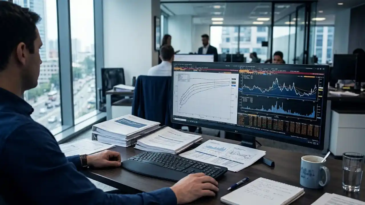 Fotografia em plano médio e ângulo lateral de um analista financeiro de perfil trabalhando em sua mesa de escritório corporativo durante o dia. O profissional observa um grande monitor widescreen que exibe duas telas de análise de mercado: à esquerda, um gráfico com múltiplas curvas de juros ascendentes; à direita, um gráfico de velas (candlesticks) e barras de volume sobre fundo escuro. Sobre a mesa de madeira escura, há duas pilhas organizadas de relatórios impressos, folhas avulsas com planilhas, um caderno de anotações aberto com uma caneta, uma caneca azul e um copo de água. Ao fundo, vê-se um escritório moderno com divisórias de vidro e outros profissionais trabalhando, além de uma grande janela à esquerda com vista para uma avenida urbana.