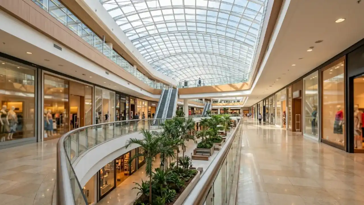 Fotografia em plano aberto e perspectiva linear do interior de um shopping center de alto padrão com dois pavimentos de lojas. O espaço possui um grande teto arqueado com estrutura de vidro translúcido que ilumina todo o ambiente com luz natural. No centro do vão, há escadas rolantes que conectam os andares e canteiros decorados com palmeiras e plantas tropicais. O piso de porcelanato claro é altamente polido e reflete a iluminação das vitrines das lojas modernas de vestuário e conveniência localizadas nas laterais. Poucos clientes são vistos caminhando ao fundo em um ambiente limpo e sofisticado.