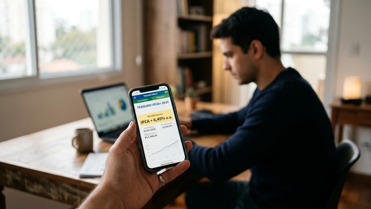 Visão em primeira pessoa (POV) de uma mão segurando um smartphone que exibe o aplicativo do Tesouro Direto com os dados do título "TESOURO IPCA+ 2035", mostrando rendimento de "IPCA + 6,45% a.a.", vencimento em 15/05/2035 e preço unitário de R$ 1.945,60 sobre um gráfico de linha ascendente. Ao fundo, fora de foco, um homem está sentado de perfil trabalhando em uma mesa de madeira com um laptop que exibe gráficos de pizza e barras, em um ambiente residencial iluminado próximo a uma janela.