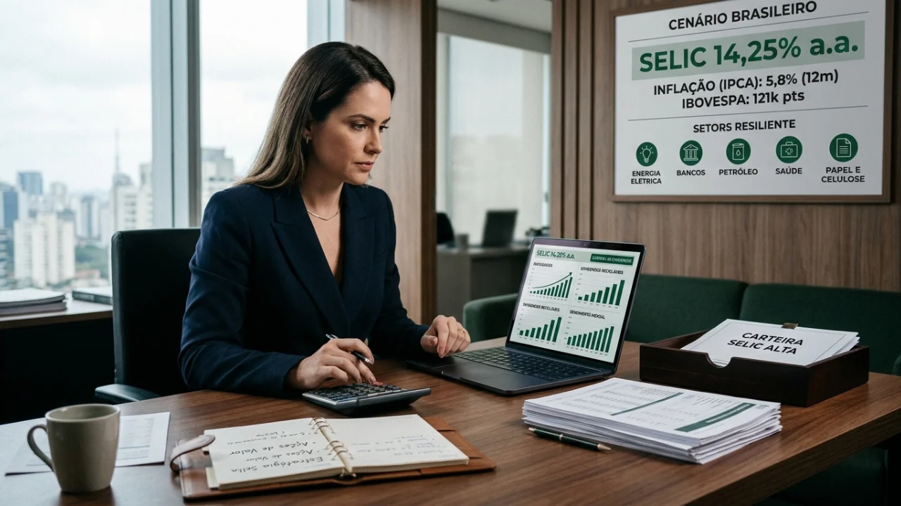 Fotografia em plano médio de uma analista financeira de cabelos longos e escuros, vestindo um blazer azul-marinho, sentada em sua mesa de escritório. Ela opera uma calculadora preta com a mão direita e observa a tela de um laptop que exibe gráficos de barras verdes ascendentes com o título "SELIC". Em cima da mesa de madeira escura, destacam-se um caderno aberto com anotações manuais sobre "Estratégia Selic", uma caneca de café branca, pilhas de relatórios impressos e um organizador de documentos com o rótulo "CARTEIRA SELIC ALTA". Ao fundo, fixado em uma parede com painéis de madeira, há um grande quadro institucional intitulado "CENÁRIO BRASILEIRO", exibindo com letras verdes e pretas os dados: "SELIC 14,25% a.a.", "INFLAÇÃO (IPCA): 5,8% (12m)" e "IBOVESPA: 121k pts", acompanhado do bloco "SETORS RESILIENTE" com ícones para Energia Elétrica, Bancos, Petróleo, Saúde, e Papel e Celulose. À esquerda, uma janela revela o horizonte desfocado de uma metrópole.