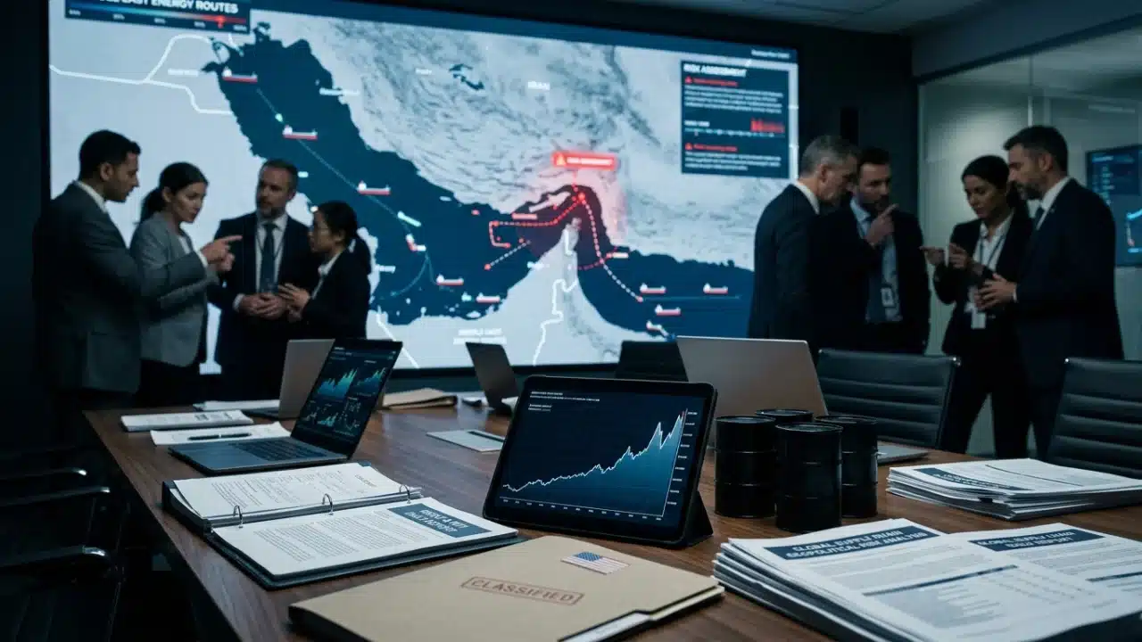 Sala de gerenciamento de crise geopolítica com iluminação corporativa sóbria. Ao fundo, uma grande tela exibe o mapa do Golfo Pérsico e do Estreito de Ormuz com rotas marítimas, setas e um ponto de alerta vermelho. Em primeiro plano, sobre uma mesa de madeira, há pastas de documentos com o selo "Classified" e a bandeira dos EUA, um tablet com gráfico de linha em forte alta e uma pilha de miniaturas de barris de petróleo pretos. Grupos de analistas em trajes formais conversam de forma preocupada ao fundo.