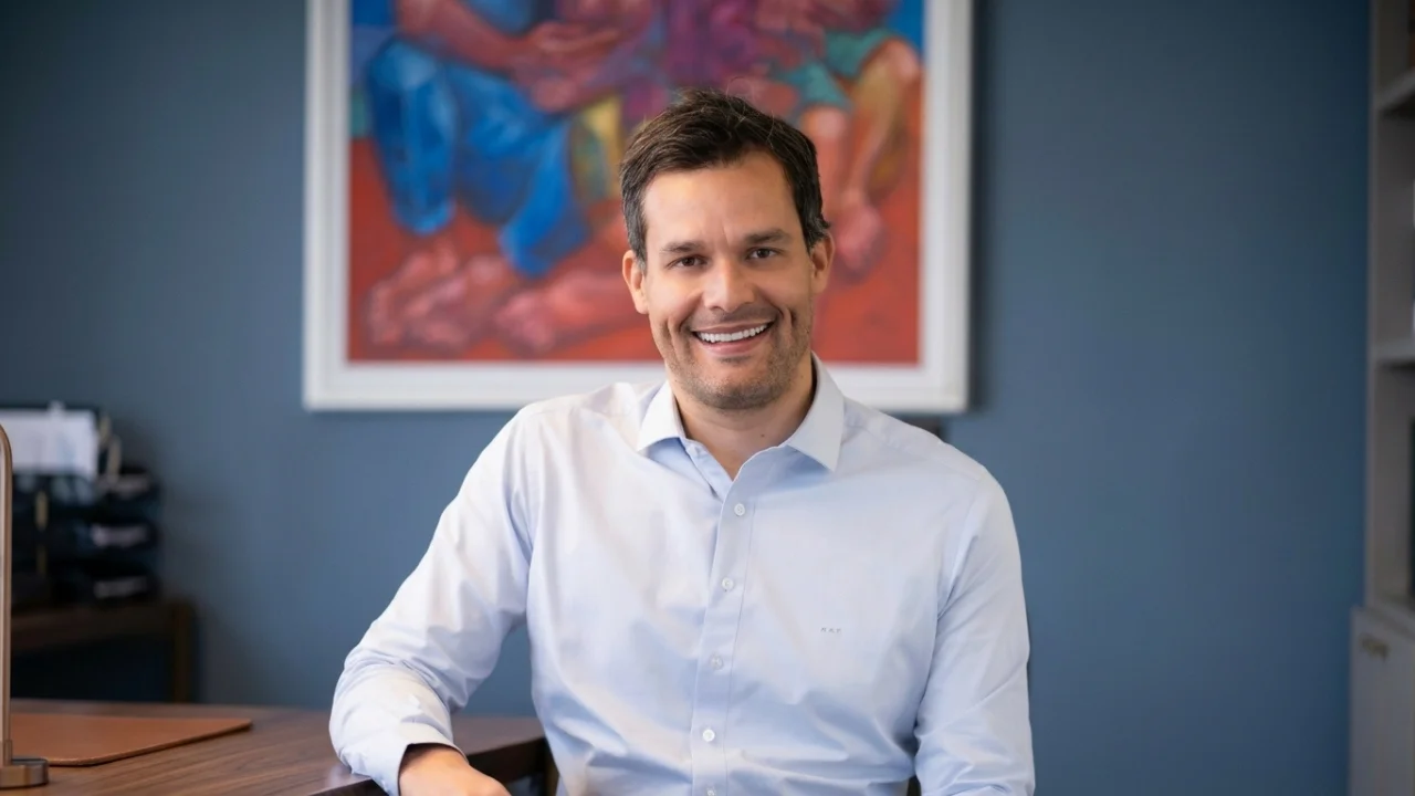 Fotografia em plano médio de Rodrigo Falcão, diretor de gestão da Apuama Capital, sorrindo de forma expressiva para a câmera. Ele veste uma camisa social azul clara de manga longa com botões e está assentado atrás de uma mesa corporativa de madeira escura. Ao fundo, uma parede azul-escura exibe uma pintura artística abstrata e muito colorida com tons fortes de vermelho, azul e laranja emoldurada em branco, completando o ambiente de escritório iluminado por luz natural suave.