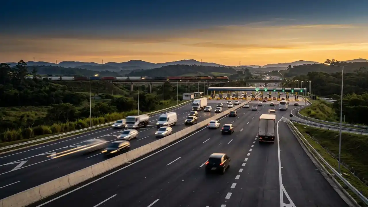 Fotografia aérea em perspectiva de ângulo aberto de uma moderna rodovia de múltiplas faixas durante o entardecer. Diversos carros, vans e caminhões trafegam em velocidade constante em direção a uma grande praça de pedágio (pedagiamento) com luzes indicadoras verdes nas cabines. À esquerda, ao fundo, um longo trem de carga cruza um viaduto elevado. O horizonte exibe um céu com degradê entre laranja do pôr do sol e o azul-escuro da noite, emoldurado por colinas e montanhas arborizadas. Os postes de iluminação pública começam a se acender ao longo do canteiro lateral.