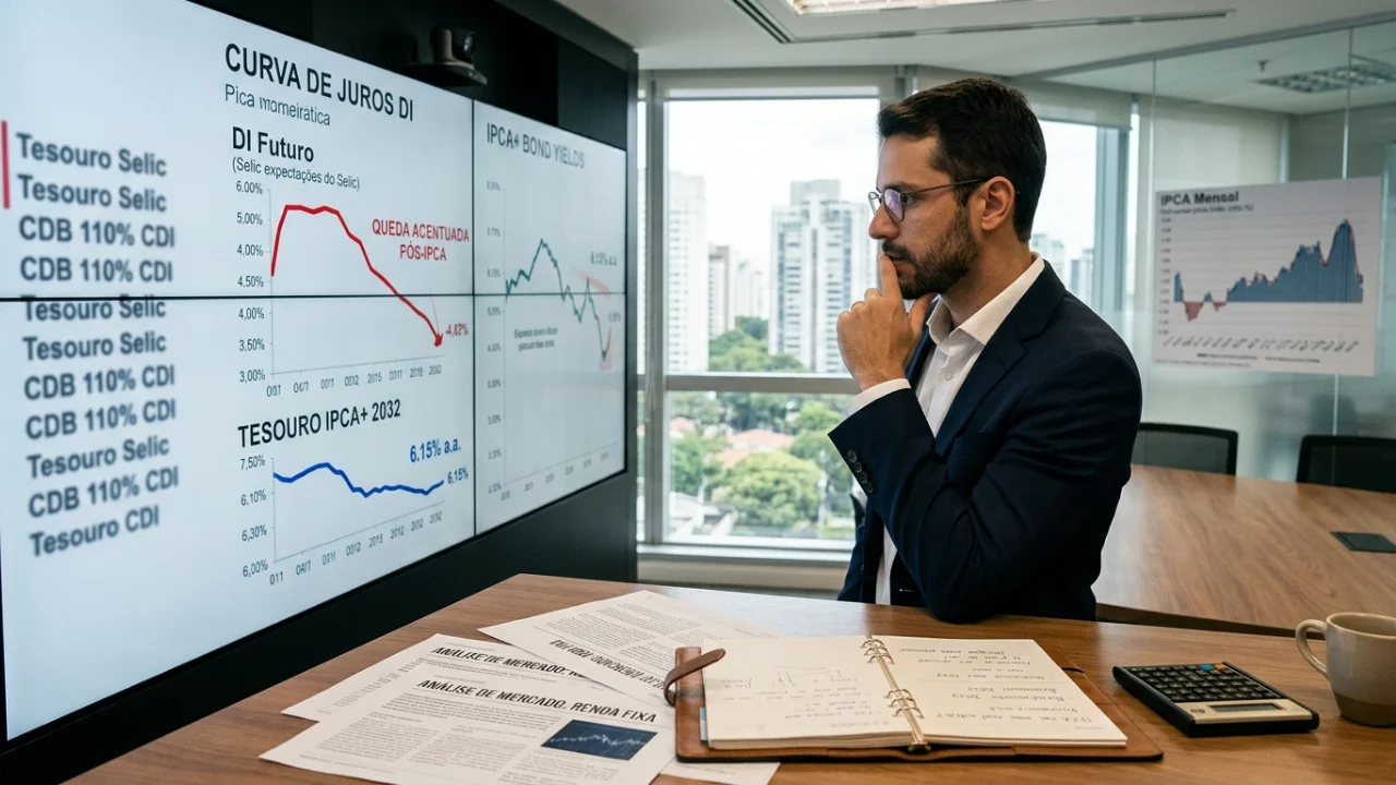 Fotografia em plano médio de um analista financeiro de perfil, usando óculos e paletó azul sobre camisa branca, com a mão no queixo em atitude reflexiva. Ele observa um grande painel digital dividido em telas em um escritório corporativo. A tela principal exibe gráficos financeiros: no topo esquerdo, um gráfico de linha vermelha descendente sob o título "DI Futuro" com o aviso em letras vermelhas "QUEDA ACENTUADA PÓS-IPCA"; logo abaixo, um gráfico de linha azul exibe a trajetória do "TESOURO IPCA+ 2032". Sobre a mesa de madeira em primeiro plano, estão espalhados relatórios impressos com a manchete "ANÁLISE DE MERCADO: RENDA FIXA", um caderno de anotações aberto, uma calculadora financeira e uma caneca de café. Ao fundo, uma grande janela revela edifícios urbanos sob a luz do dia.