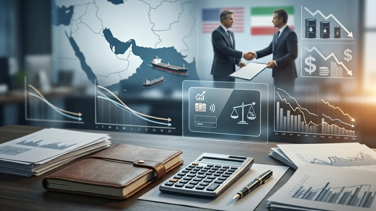 Fotografia em plano médio com foco em uma mesa de trabalho de madeira escura contendo uma agenda de couro marrom fechada, uma calculadora financeira cinza, uma caneta de metal preta e relatórios impressos com gráficos de barras. Acima da mesa, flutuam infográficos holográficos transparentes: um ícone de cartão de crédito e outro de uma balança contendo o símbolo de porcentagem (%), além de múltiplos gráficos de linha em forte tendência de queda com as iniciais dos meses do ano no eixo horizontal. Ao fundo, em telas digitais de monitoramento, vê-se um mapa do Oriente Médio e do Golfo Pérsico com navios petroleiros à esquerda; dois diplomatas de terno se cumprimentando com um aperto de mão diante das bandeiras dos Estados Unidos e do Irã ao centro; e infográficos à direita indicando a queda do preço dos barris de petróleo e do dólar.