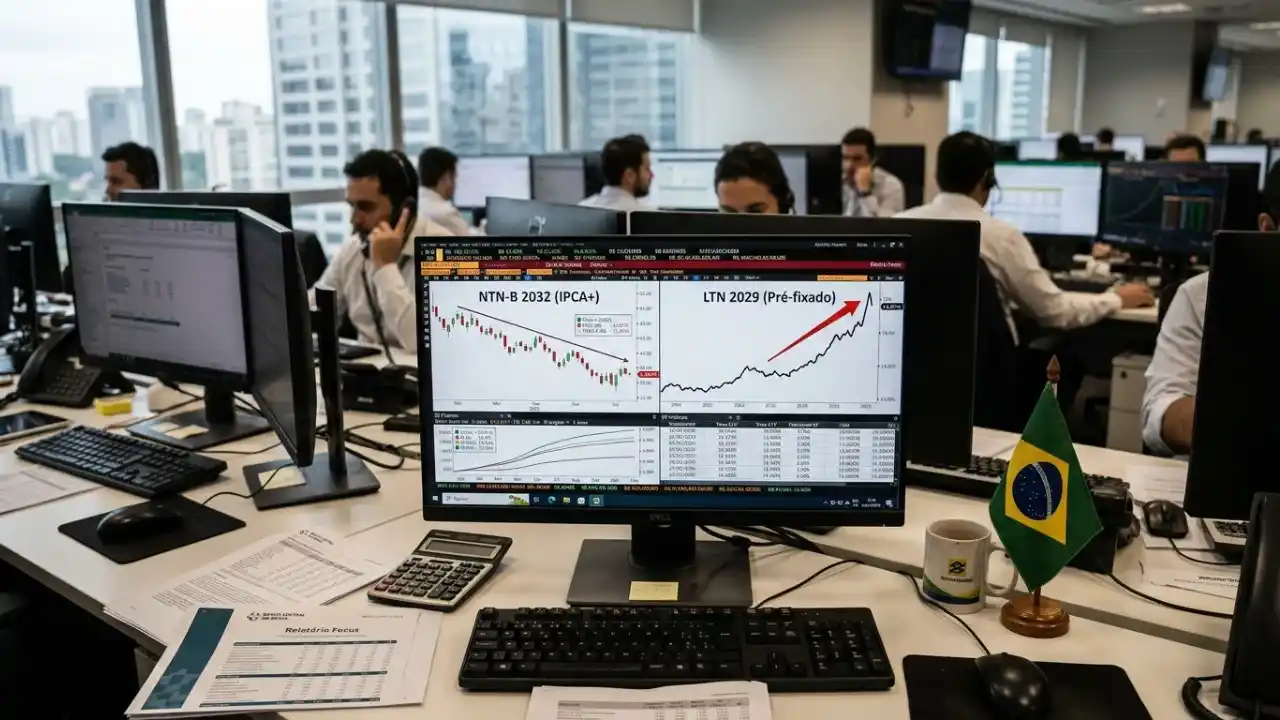 Fotografia em plano médio de uma mesa de operações financeiras em uma gestora de recursos. No centro, um monitor de computador exibe dois gráficos financeiros lado a lado: o da esquerda, intitulado "NTN-B 2032 (IPCA+)", mostra velas de negociação em canal de baixa com uma seta vermelha apontando para baixo; o da direita, intitulado "LTN 2029 (Pré-fixado)", exibe uma linha de tendência em forte alta com uma seta vermelha apontando para o topo direito. Sobre a mesa branca, há um teclado preto, mouse, calculadora financeira, uma folha impressa com o título "Relatório Focus", uma caneca branca e uma pequena bandeira do Brasil em um pedestal de madeira. Ao fundo, fora de foco, analistas de mercado trabalham em seus computadores em um escritório corporativo moderno com vista para arranha-céus através de grandes janelas.
