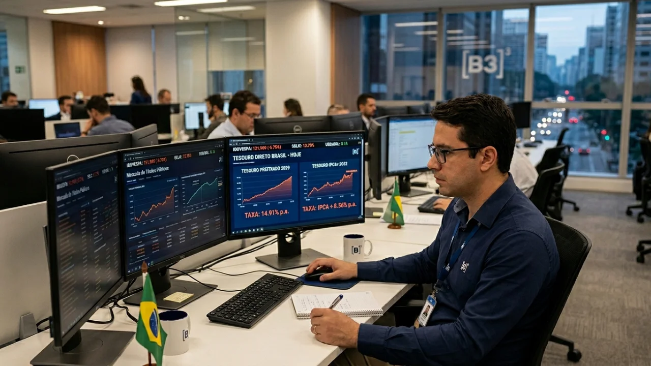 Fotografia em plano médio de um analista de investimentos de óculos e camisa social azul escura, sentado em sua mesa de trabalho em uma grande sala de operações financeiras. Ele observa atentamente múltiplos monitores de computador acesi; a tela central exibe gráficos de linha ascendentes sob os títulos "TESOURO PREFIXADO 2029" com a indicação "TAXA: 14.91% p.a." e "TESOURO IPCA+ 2032" com "TAXA: IPCA + 8.56% p.a.". Sobre a mesa de escritório branca, há uma pequena bandeira do Brasil, uma caneca branca com o logo da B3, um caderno de notas e teclado. Ao fundo, através de uma grande janela de vidro com a marca "[B3]³" estampada, avista-se uma avenida movimentada de uma metrópole ao anoitecer, com outros profissionais trabalhando fora de foco ao redor.