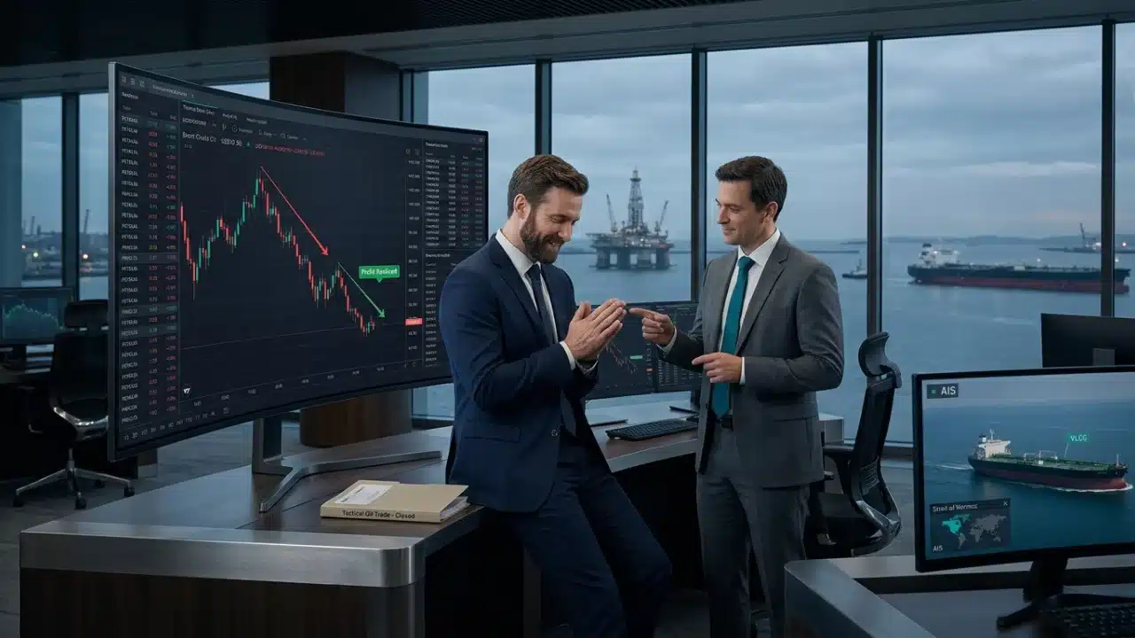 Fotografia em plano médio de dois analistas financeiros em trajes formais dentro de uma moderna sala de controle e trading com vista para o mar. O analista da esquerda, de barba e terno azul-escuro, está apoiado na borda da mesa sorrindo levemente com as mãos juntas. O analista da direita, vestindo terno cinza e gravata verde-esmeralda, gesticula e aponta em direção ao colega. À esquerda, uma imensa tela digital curva exibe um gráfico financeiro de velas (candlesticks) com uma tendência de queda acentuada em vermelho e uma linha verde de alvo atingido. Sobre a mesa, repousa uma pasta bege com a etiqueta "Tactical Oil Trade - Closed". Ao fundo, através de grandes janelas de vidro, avistam-se uma plataforma de petróleo offshore e um navio petroleiro navegando em águas calmas sob céu nublado. No canto inferior direito, um monitor menor exibe o rastreamento logístico de uma embarcação com a sigla "AIS".
