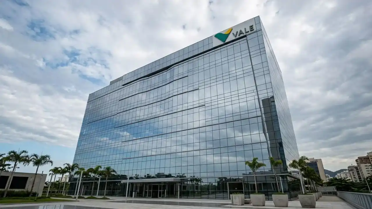 Fotografia em plano aberto e ângulo contra-plongée da fachada espelhada e moderna do edifício da sede corporativa da Vale. No topo do prédio de vidro cinza, destaca-se o logotipo oficial da Vale em tons de verde e amarelo. A estrutura reflete o céu claro com nuvens esparsas. Em frente ao edifício, há uma esplanada pavimentada com vasos grandes contendo palmeiras alinhadas e uma grade de proteção à direita. Ao fundo, nas laterais, vislumbram-se contornos de outros prédios urbanos e morros sob a linha do horizonte.