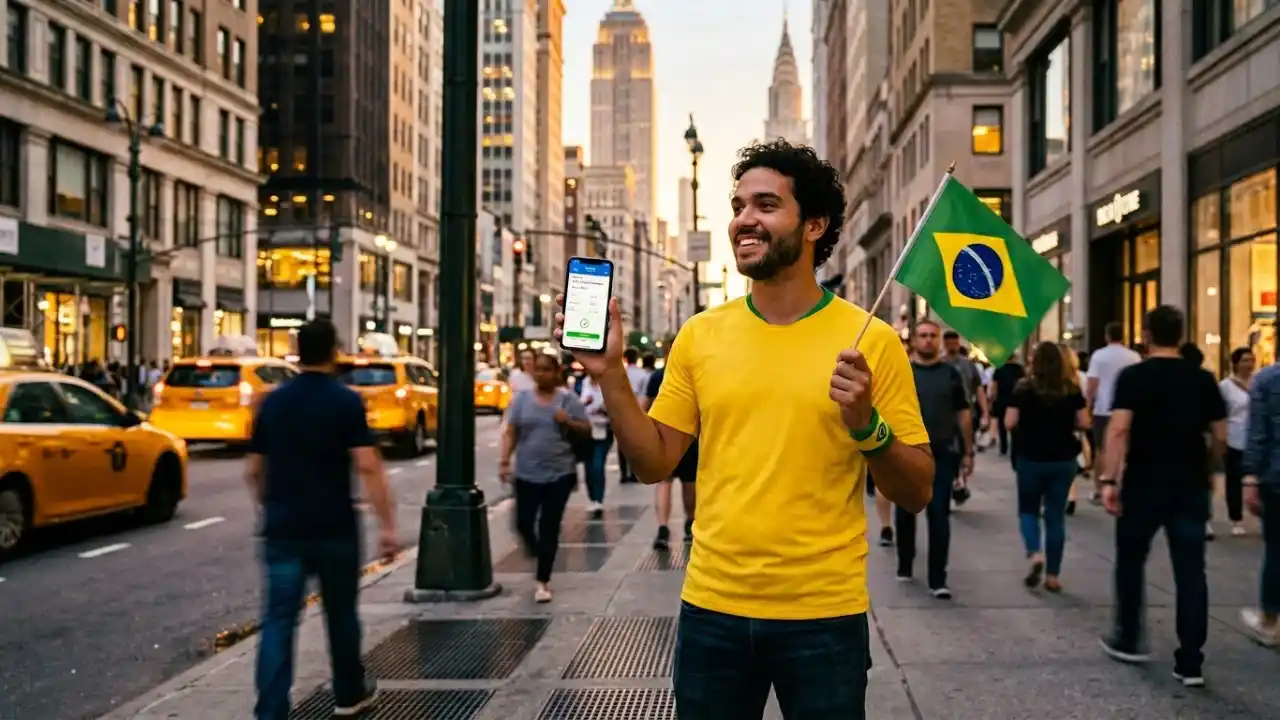 Em primeiro plano e centralizado, um homem jovem e sorridente com barba curta, vestindo a camisa amarela da seleção brasileira, aparece em pé em uma movimentada calçada urbana nos Estados Unidos durante o entardecer. Com a mão esquerda, ele segura uma pequena bandeira do Brasil hasteada; com a mão direita elevada, exibe a tela de um smartphone que mostra um aplicativo de viagens ou finanças. Ao fundo desfocado, pedestres caminham pela calçada, táxis amarelos circulam pela avenida e grandes arranha-céus de Nova York se erguem contra o céu dourado do fim de tarde.