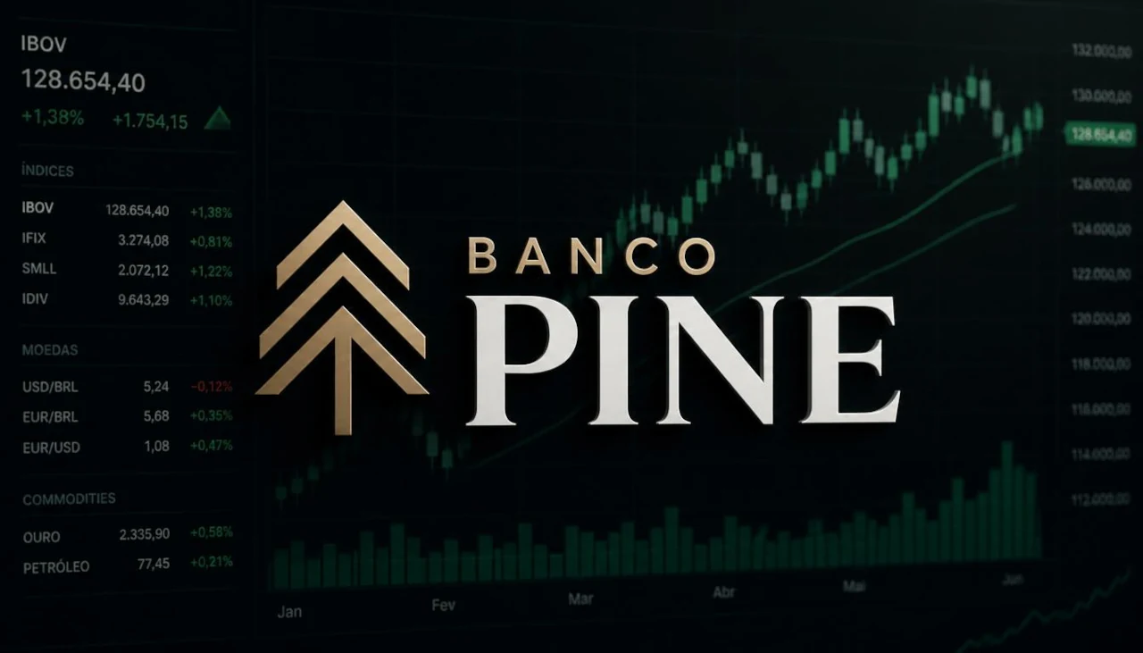 Logo do Banco Pine à frente de gráfico financeiro