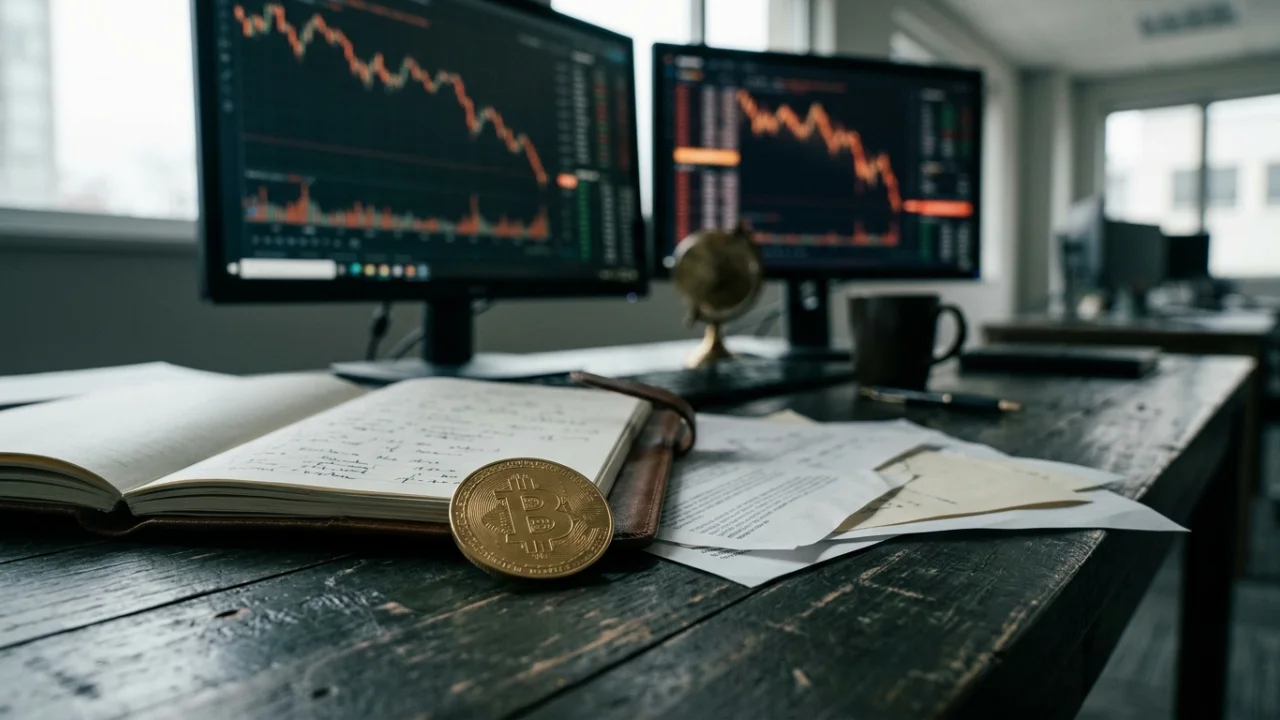 Fotografia em plano médio com ângulo levemente rebaixado de uma mesa de trabalho de madeira escura rústica em um escritório de finanças. Em primeiro plano, uma moeda física dourada de Bitcoin com o símbolo "₿" está apoiada sobre um caderno de anotações ou agenda de couro aberto. Ao lado, encontram-se folhas de relatórios impressos levemente desalinhadas, uma caneta preta e uma caneca escura de café. No centro, um pequeno globo terrestre decorativo dourado ornamenta a mesa. Ao fundo, em foco moderado, dois grandes monitores de computador exibem gráficos de linhas e candlesticks em tons de vermelho e laranja, mostrando uma acentuada tendência de queda no mercado financeiro.