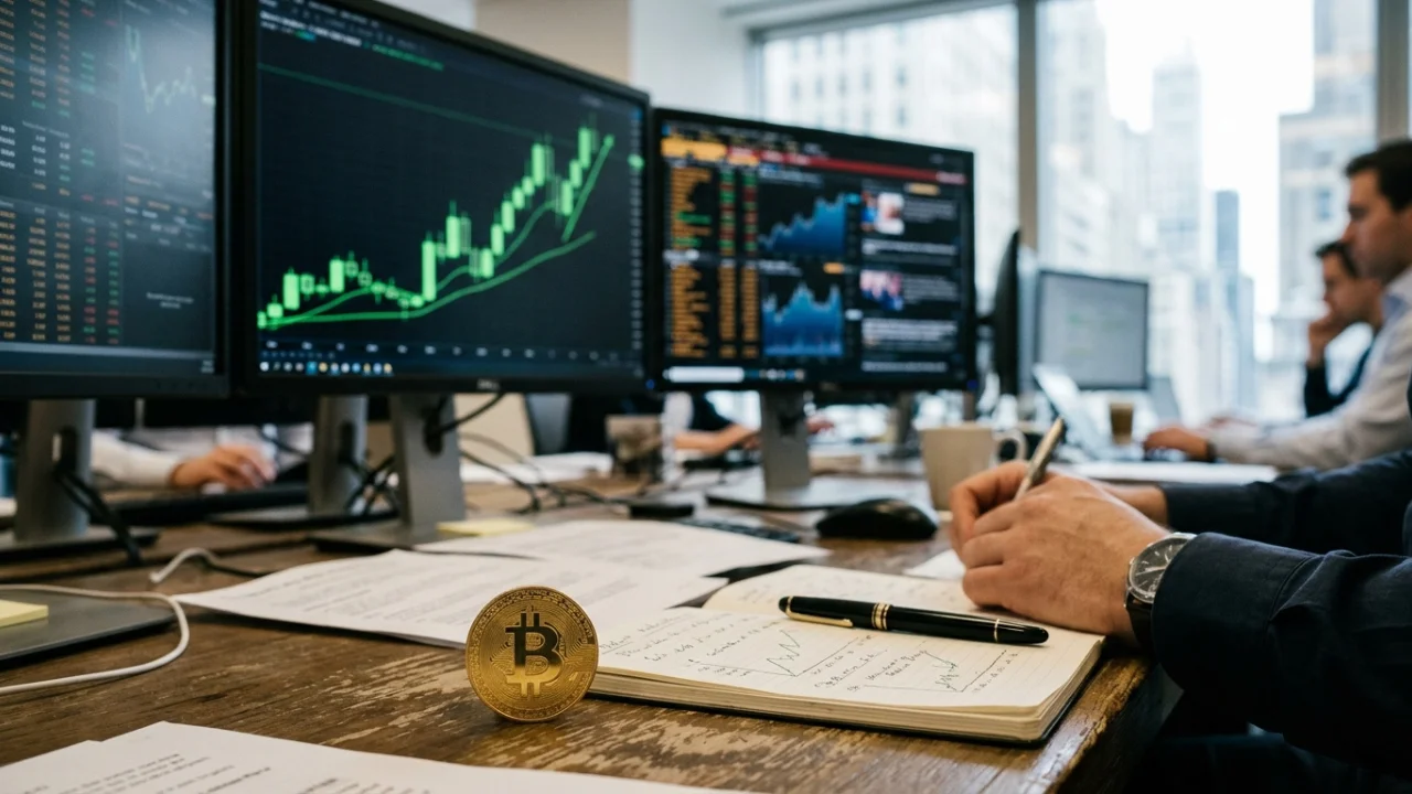 Fotografia em plano médio com ângulo lateral de uma mesa de trabalho de madeira rústica em um movimentado escritório de trading de criptomoedas. Em primeiro plano, uma moeda física dourada de Bitcoin com o símbolo "₿" está em pé ao lado de um caderno de anotações aberto contendo rascunhos de gráficos e anotações, além de uma caneta executiva preta e dourada. À direita, as mãos de um analista usando um relógio de pulso escuro seguram uma caneta sobre os relatórios. Ao fundo, uma fileira de grandes monitores de computador exibe gráficos financeiros, destacando a tela central com um nítido e acentuado gráfico de velas (candlesticks) na cor verde brilhante em forte viés de alta. O restante do ambiente corporativo mostra outros profissionais trabalhando diante de janelas de vidro.