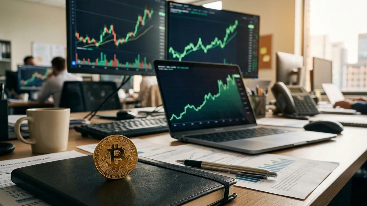 Fotografia em plano médio de uma mesa de trabalho de análise financeira focada em criptomoedas. Em primeiro plano, uma moeda física dourada do Bitcoin com o símbolo "₿" em relevo está posicionada em pé sobre um caderno preto de couro fechado. Ao lado, uma caneta esferográfica prata e preta repousa sobre relatórios impressos com gráficos de barras coloridos. No meio plano, um notebook prata aberto exibe um gráfico de linha ascendente em verde vibrante. Ao fundo, dois grandes monitores de computador mostram gráficos de candlesticks e tendências de mercado com forte movimento de alta em verde. À esquerda, um copo de café de cerâmica bege e, de forma desfocada ao fundo, outros computadores e profissionais operando em um escritório corporativo iluminado.