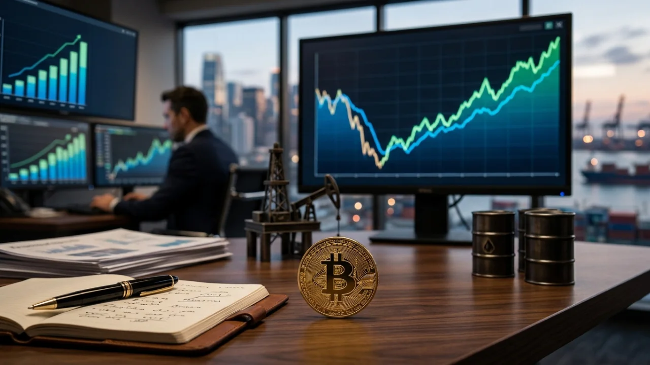 Fotografia em plano detalhe de uma mesa executiva de madeira escura iluminada. Em primeiro plano ao centro, sobressai-se uma moeda física dourada de Bitcoin em pé. À sua direita, há uma miniatura de bomba de extração de petróleo (cavalo de pau) em metal escuro ao lado de três pequenos barris de petróleo pretos. À esquerda, repousa um caderno aberto com anotações e uma caneta tinteiro preta e dourada. Ao fundo desfocado, um analista trabalha em frente a múltiplos monitores corporativos que exibem gráficos de barras verdes em alta e gráficos de linhas com curvas azul e verde ascendentes. Uma grande janela ao fundo revela um porto de contêineres e navios ao entardecer.